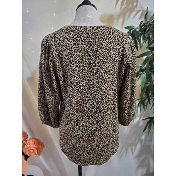 Chicos Womens Leopard Animal Print 1/2 Puff Sleeve Knit Top Size 2 L Office Work - Picture 3 of 11